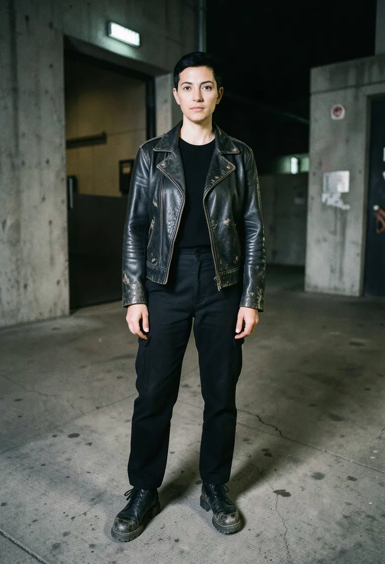 34-year-old Turkish-German woman, short black hair, wiry build, seasoned techno head with quiet, unshakeable confidence