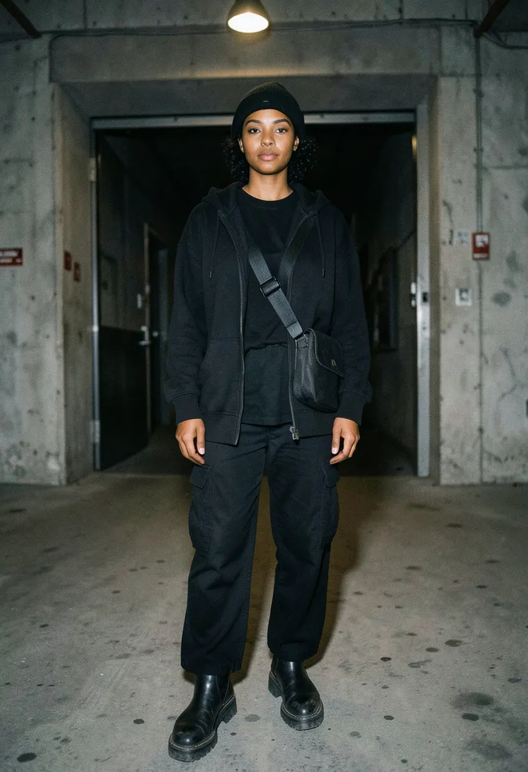 36-year-old woman of North African descent, Berlin-based DJ and avid techno collector with low-key confident energy