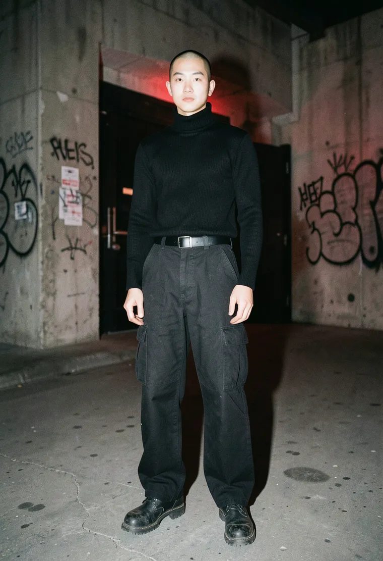 32-year-old non-binary Asian techno head with a shaved head and a quiet, focused intensity, radiating the calm of someone who knows the DJ's entire back catalog.