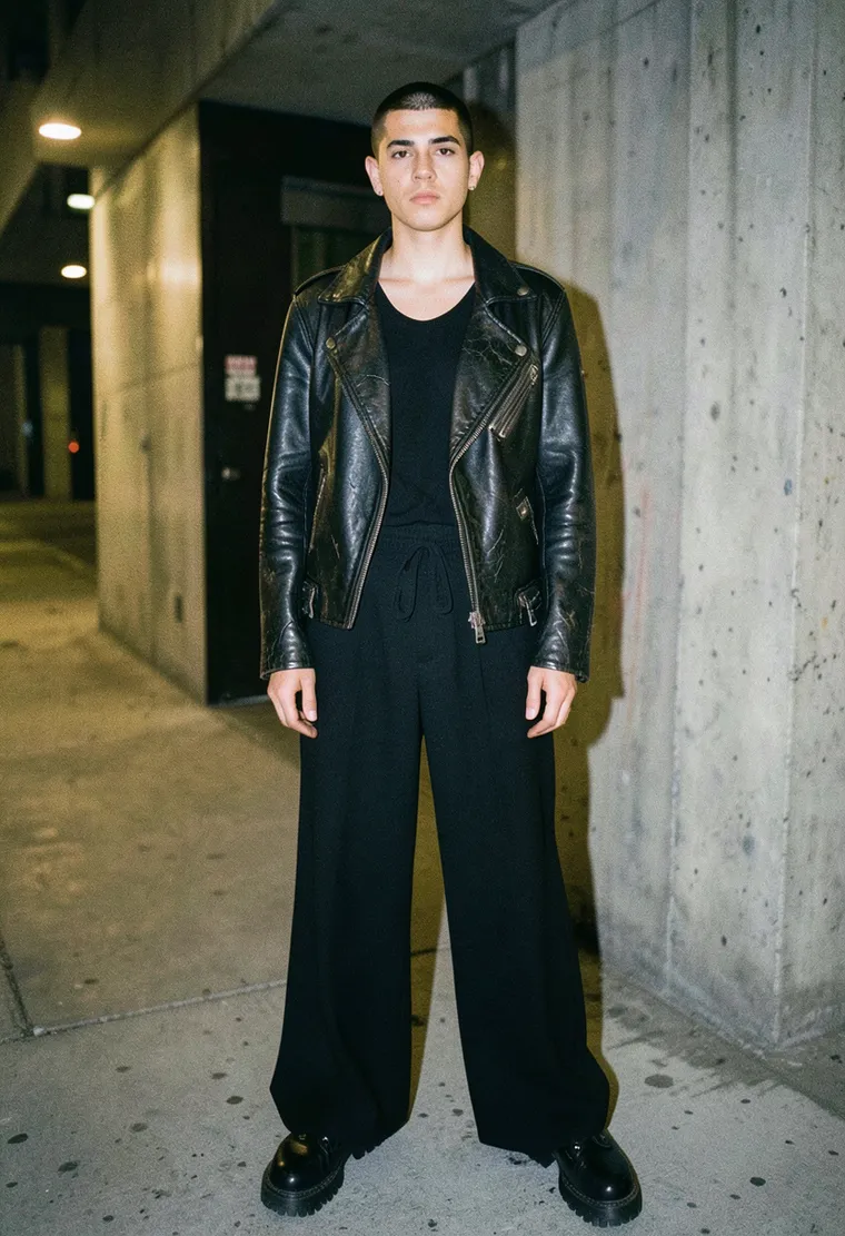 32-year-old Latinx non-binary architect with a sharp jawline, dark buzzcut, and a gaze that says they haven't slept since Thursday.