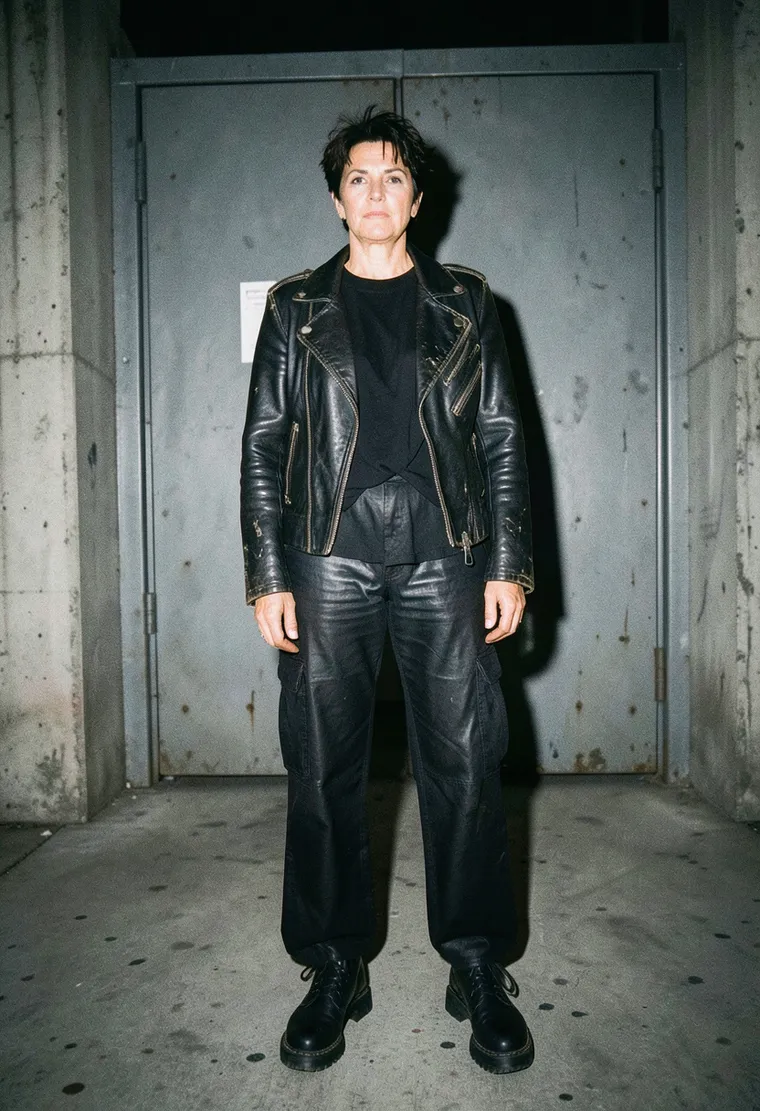 48-year-old German woman, sharp cheekbones, weary eyes, industrial minimalist, ex-club kid who grew up.